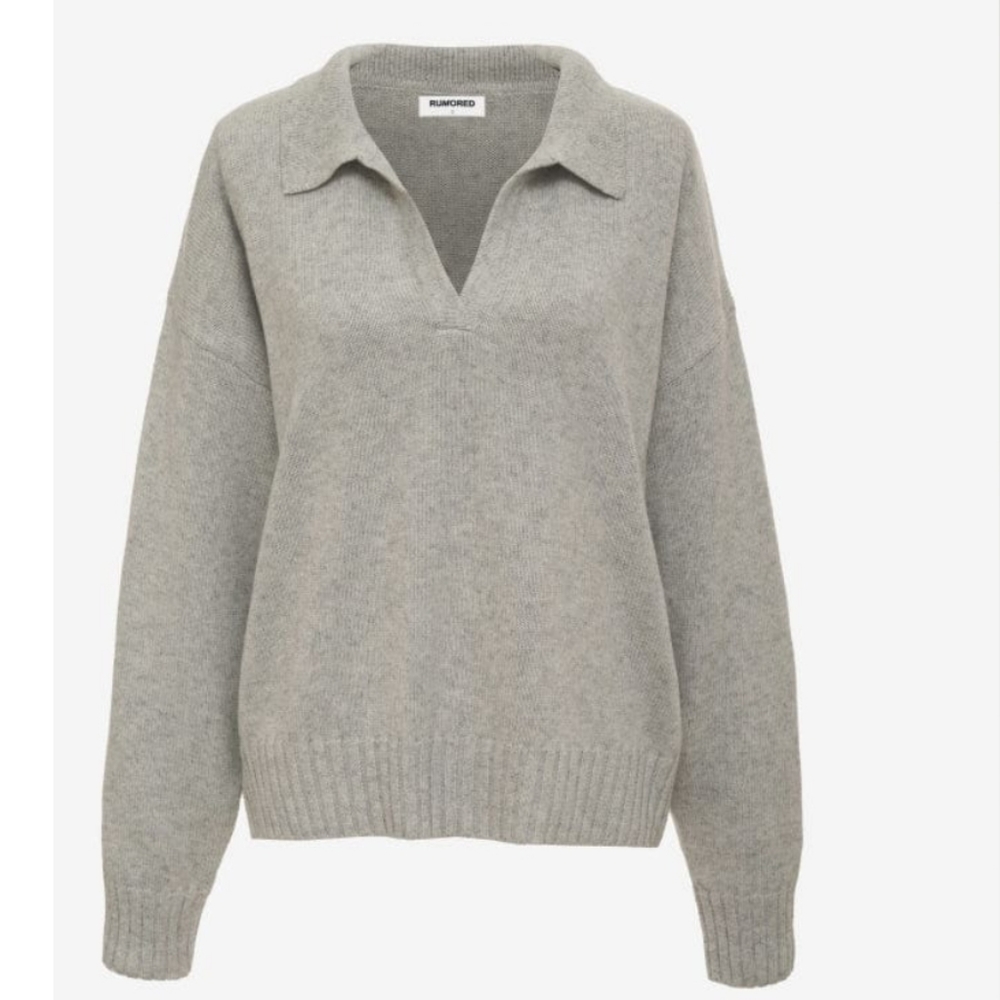 Rumored Light Gray V-Neck Collared Sweater
